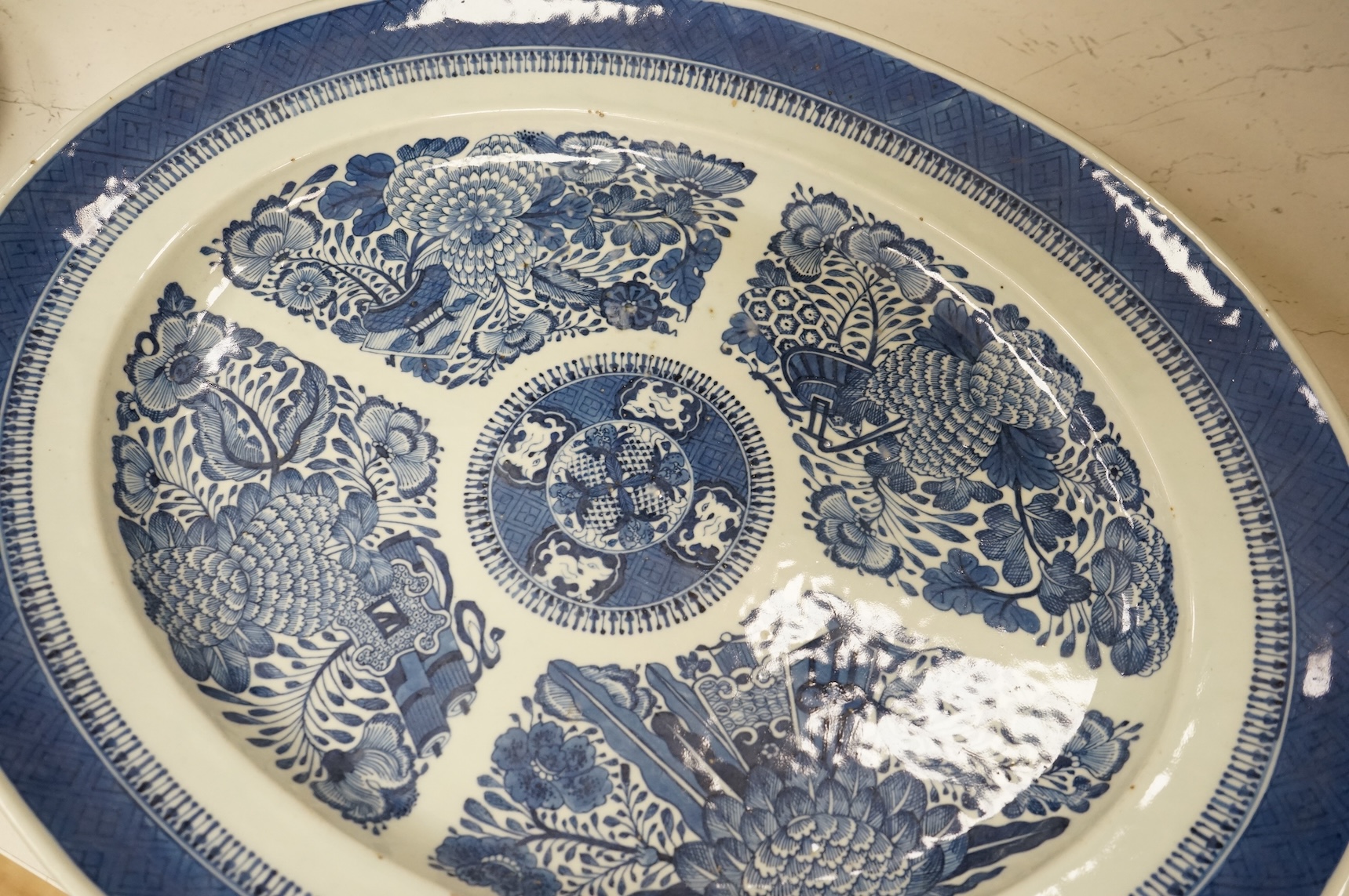 A large Chinese export blue and white oval meat dish, early 19th century, 45cm wide